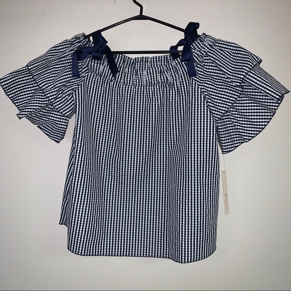 Navy Gingham  Off the Shoulder Top - Picture 1 of 3